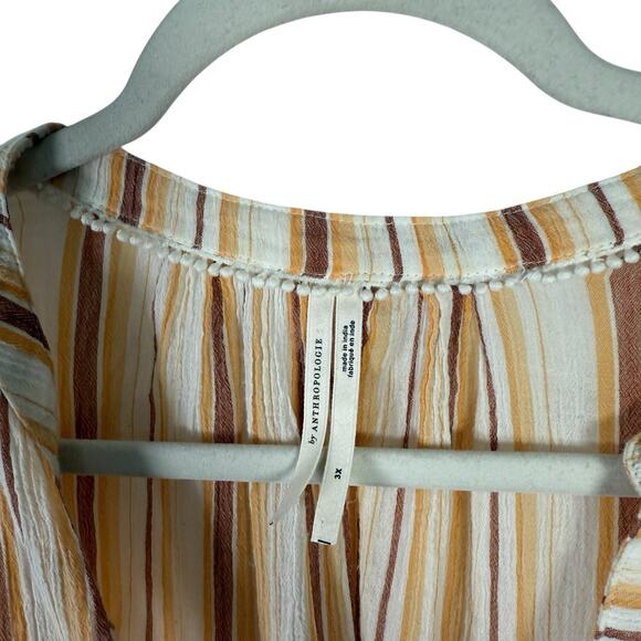 Anthropologie Brown Striped Tie Front Balloon Sleeve Blouse Boho Womens Plus 3x - Picture 8 of 11